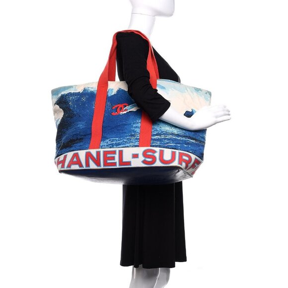 RARE Authentic CHANEL Surf Line Tote Bag High Summer Large Canvas Shoulder Bag - Picture 3 of 10